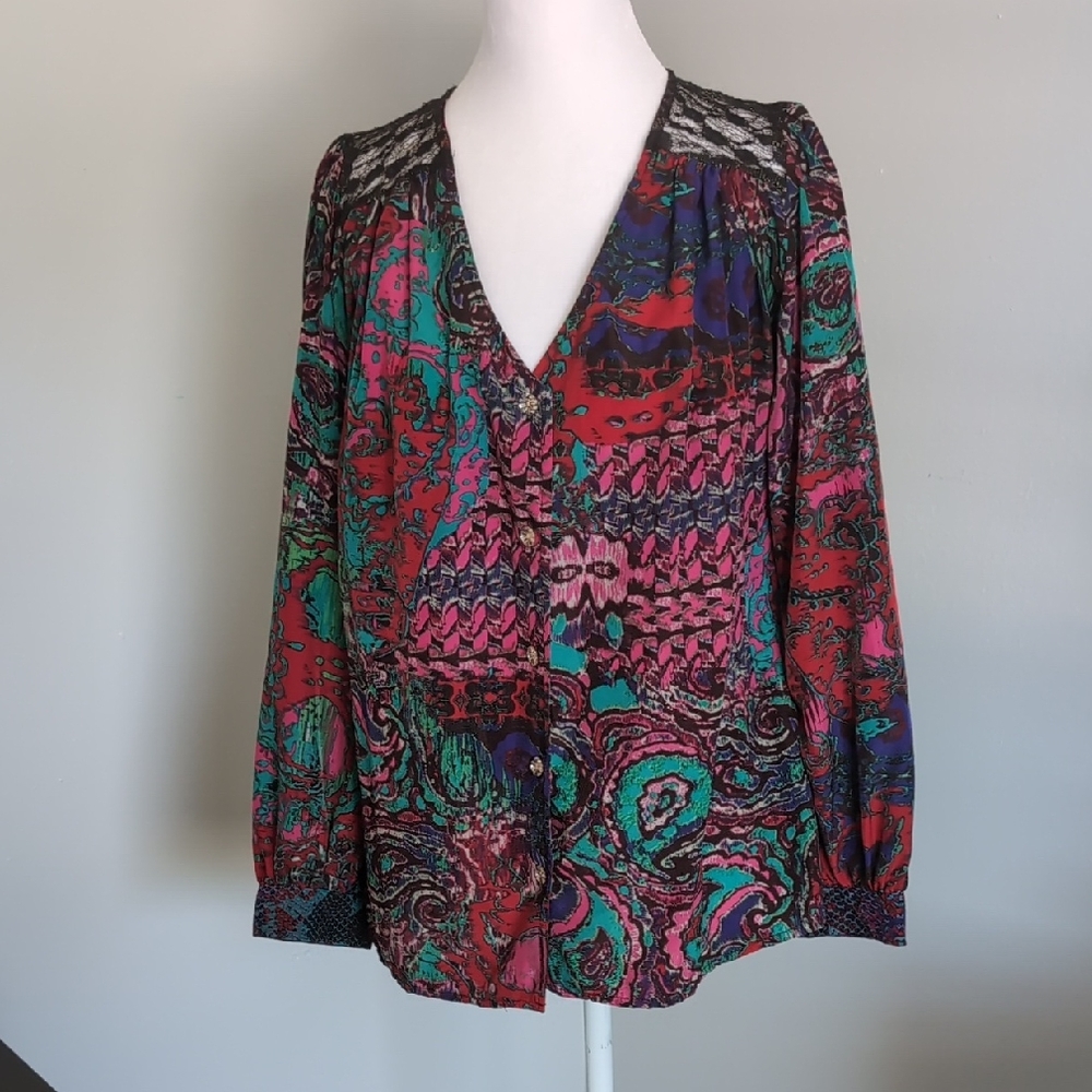 Figueroa & Flower Vibrant Paisley & Lace Women's Blouse M